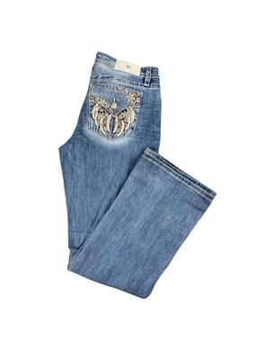 Y2K Miss Me Angel Wing Jeans Mid Rise 34 Bootcut Floral Flap Pocket Rhinestone